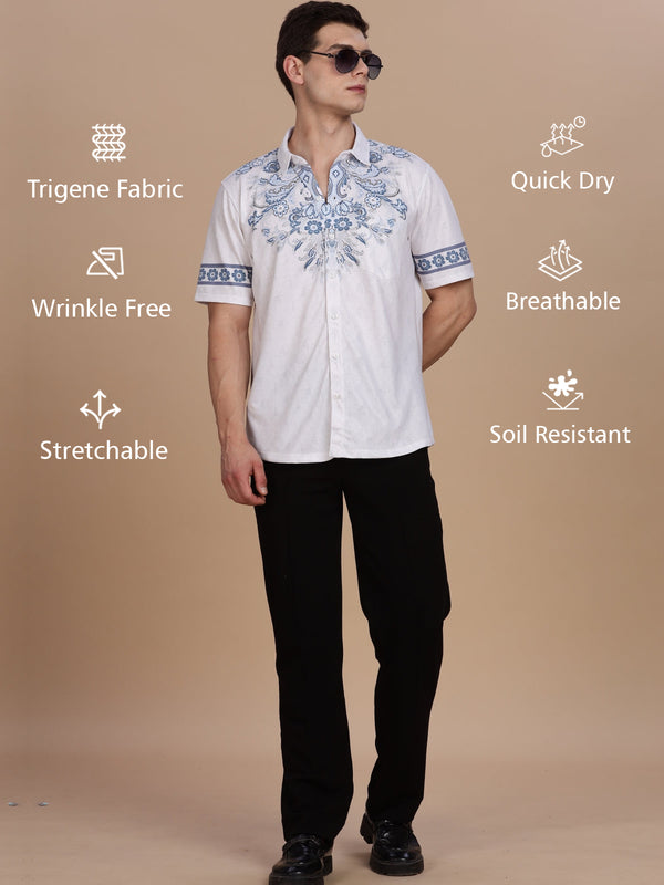 WEXFORD Trendy White Printed Regular Fit Cotton Blend Half sleeve Casual Shirt For Men.