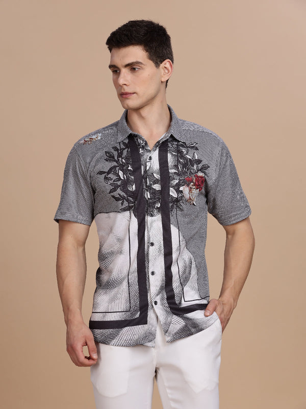 Blue Printed Regular Fit Half sleeve Shirt