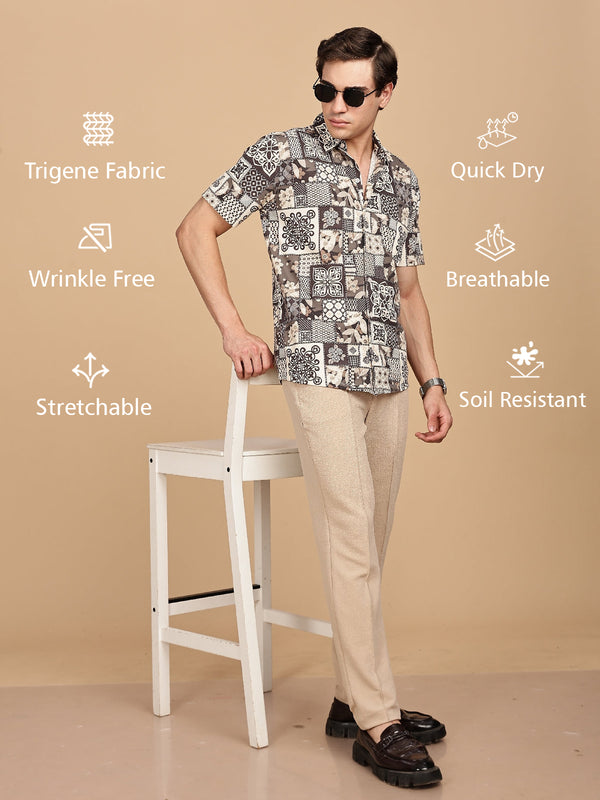 WEXFORD Trendy Beige All over Printed Regular Fit Cotton Blend Half sleeve Casual Shirt For Men.