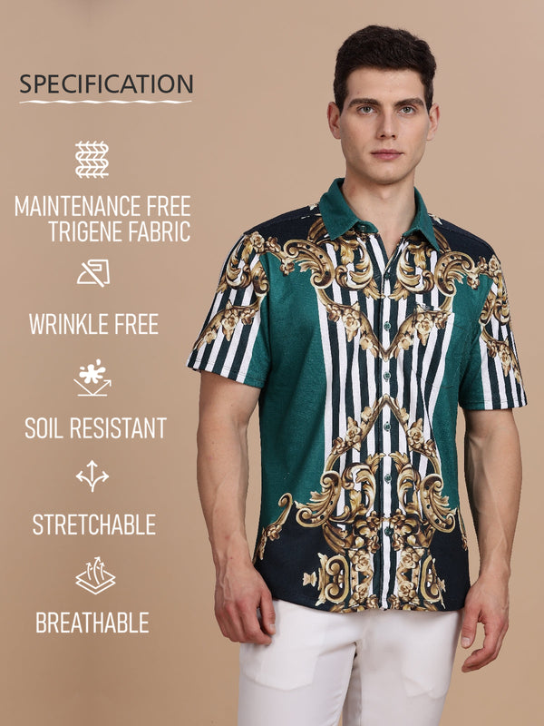 WEXFORD Trendy Green Printed Regular Fit Cotton Blend Half sleeve Casual Shirt For Men.