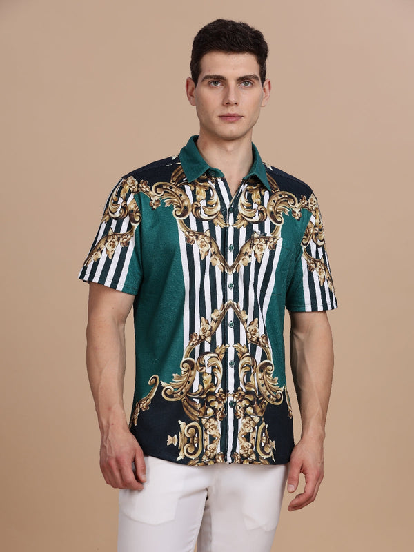 WEXFORD Trendy Green Printed Regular Fit Cotton Blend Half sleeve Casual Shirt For Men.