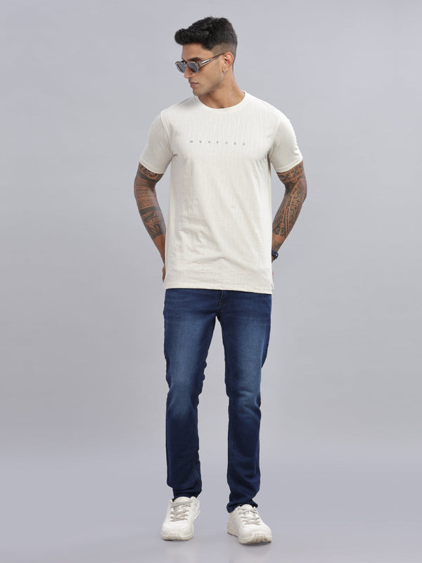 Beige Textured Solid Half sleeve Round Neck T-Shirt