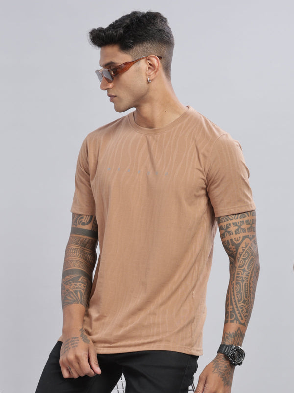 Khaki Textured Solid Half sleeve Round Neck T-Shirt
