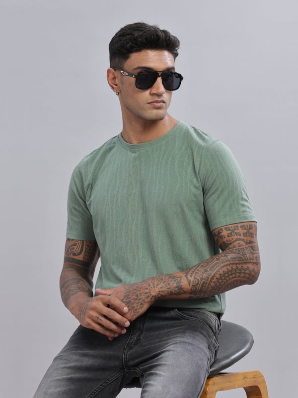 Green Textured Solid Half sleeve Round Neck T-Shirt