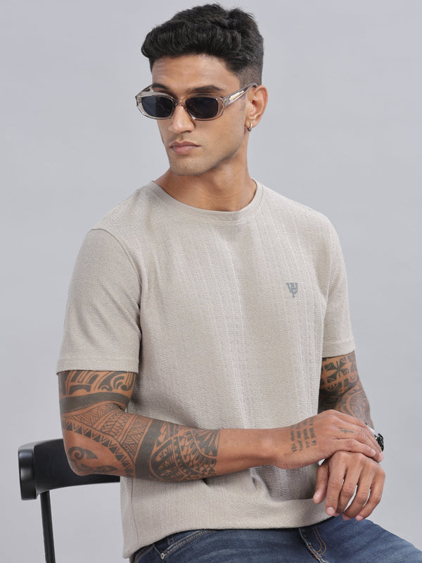 Beige Textured Solid Half sleeve Round Neck T-Shirt