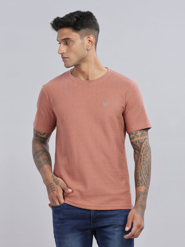Brown Textured Solid Half sleeve Round Neck T-Shirt