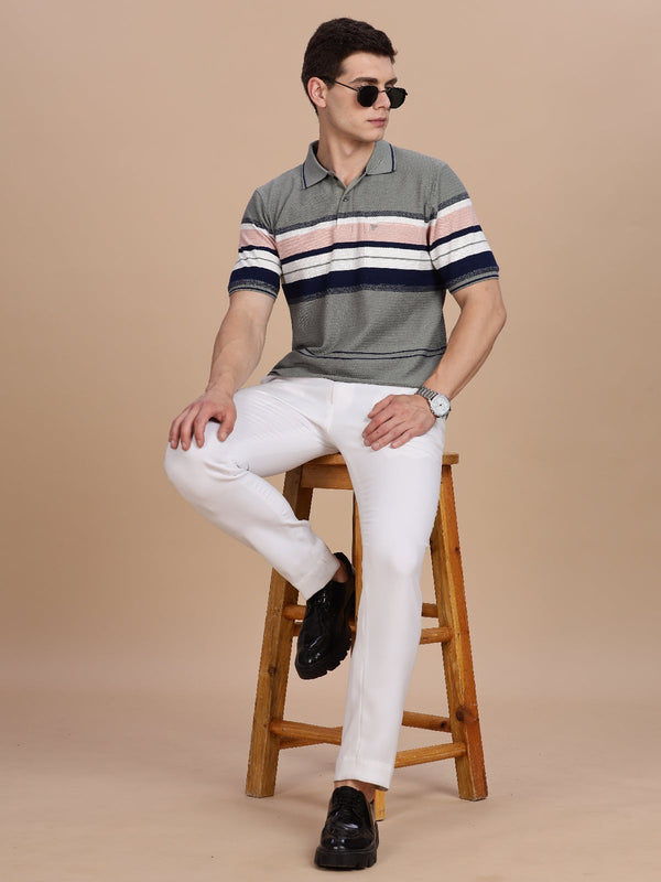 Grey Striped Regular Fit Polo Tees