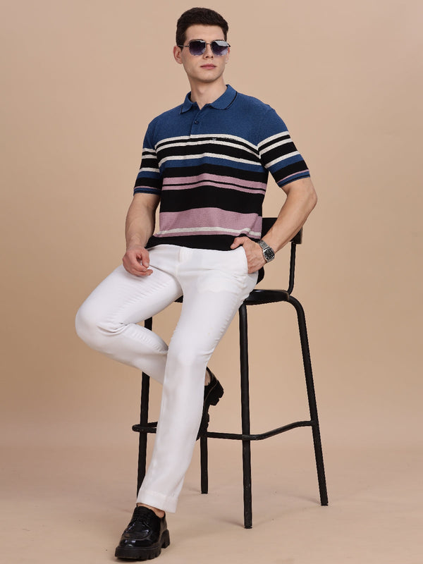 Blue Striped Regular Fit Polo Tees