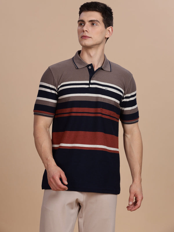 Brown Striped Regular Fit Polo Tees