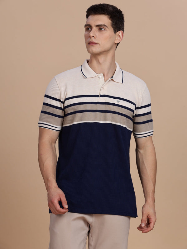 Navy Blue Striped Regular Fit Polo Tees