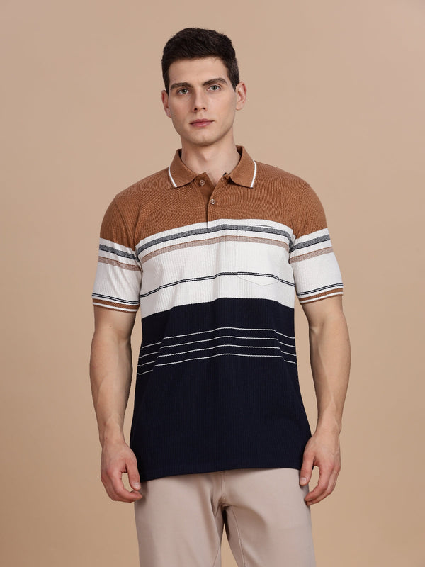 Brown Striped Regular Fit Polo Tees