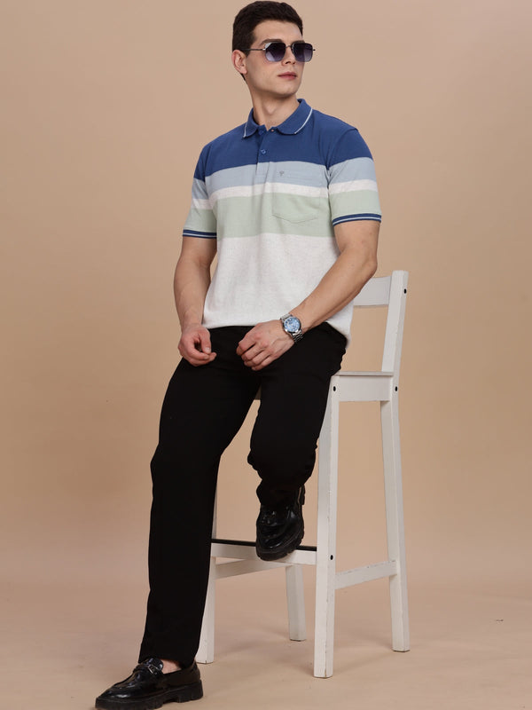 Blue Striped Regular Fit Polo Tees