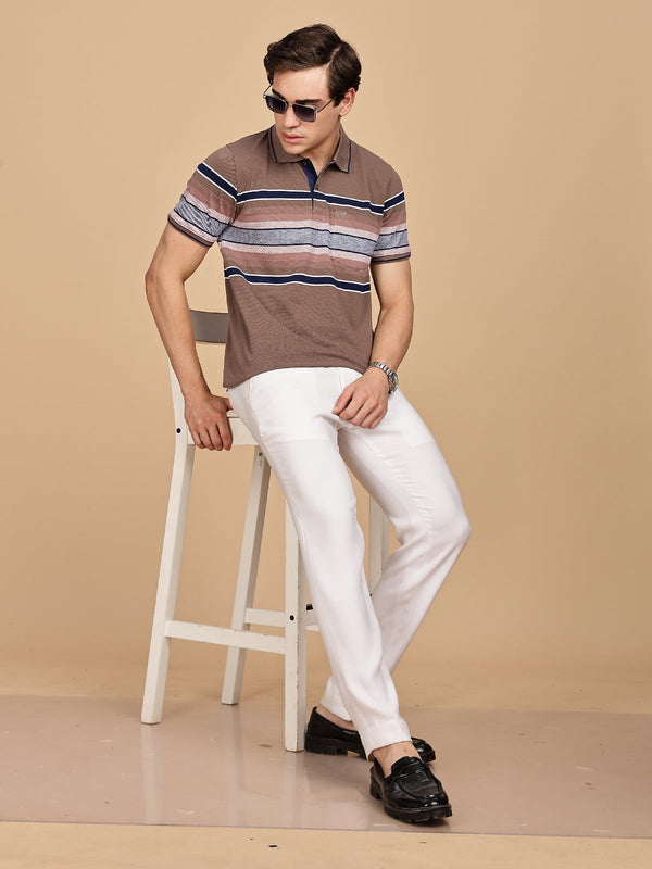 Brown Striped Regular Fit Polo Tees
