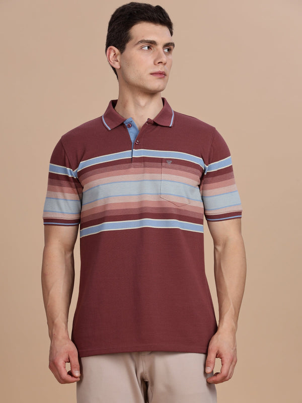 Maroon Striped Regular Fit Polo Tees