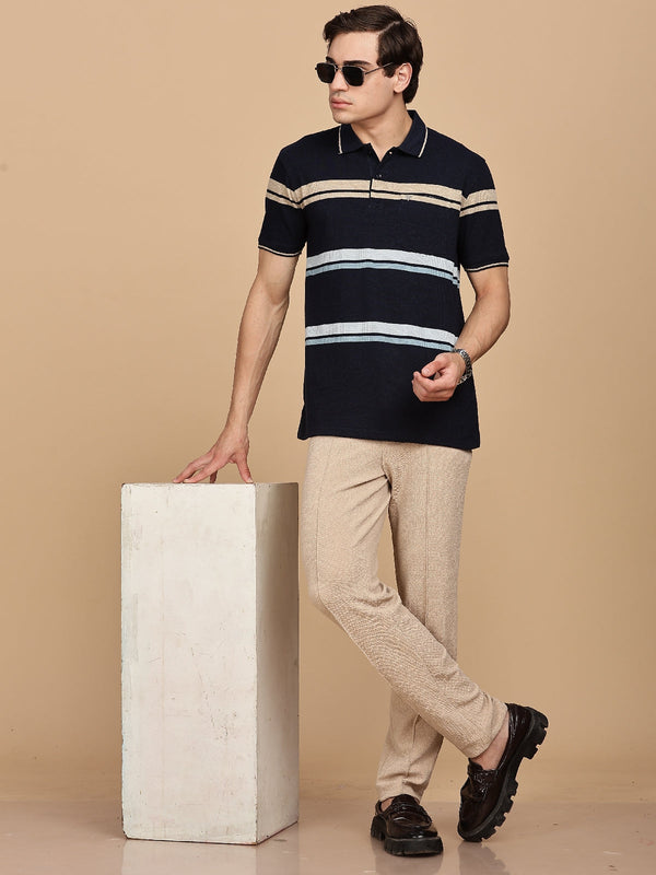 Black Striped Regular Fit Polo Tees