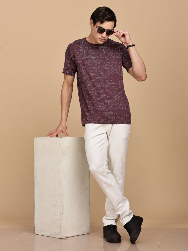 Maroon Typography Printed Half sleeve Round Neck T-Shirt