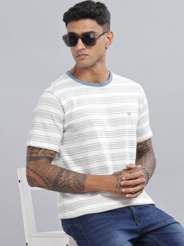 White Striped Printed Half sleeve Round Neck T-Shirt