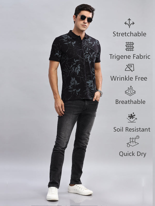 Black Printed Regular Fit Polo Tees