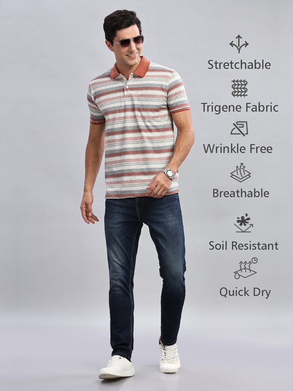 Brown Striped Printed Regular Fit Polo Tees
