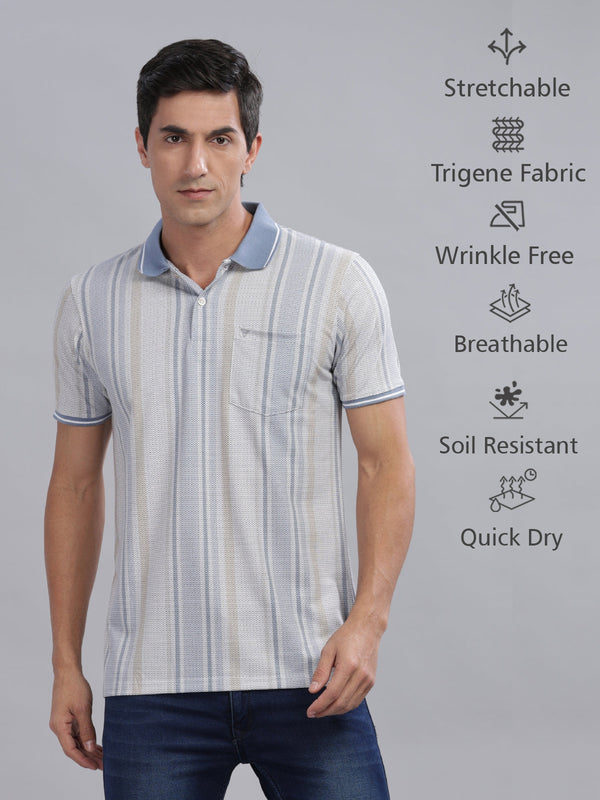 Grey Striped Printed Regular Fit Polo Tees