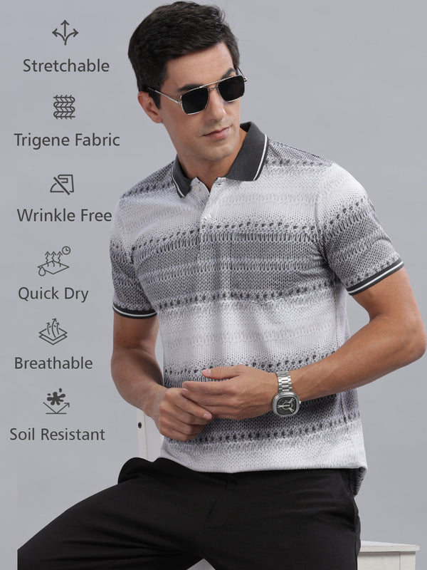 WEXFORD Trendy Grey Striped Cotton Blend Regular Fit Half Sleeve Polo Tshirt For Men.