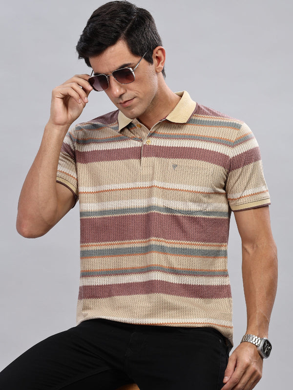 WEXFORD Trendy Brown Striped Printed Cotton Blend Regular Fit Half Sleeve Polo Tshirt For Men.