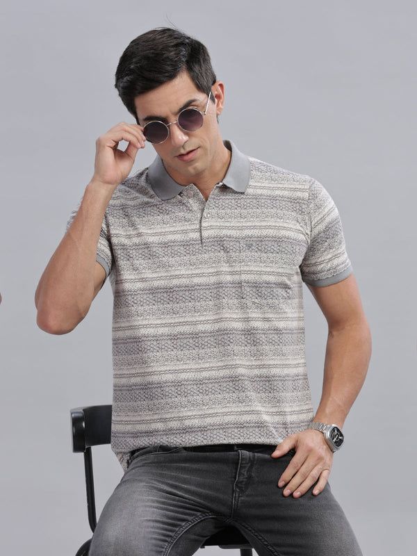 WEXFORD Trendy Grey Striped Cotton Blend Regular Fit Half Sleeve Polo Tshirt For Men.