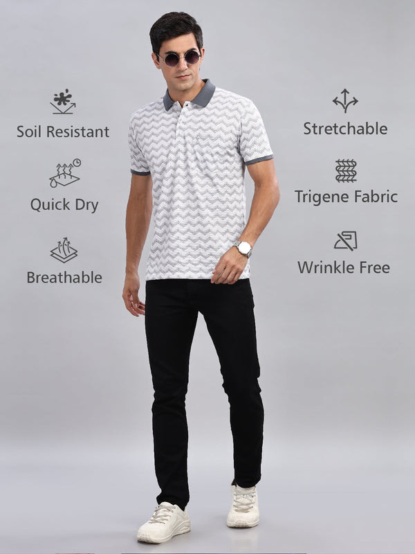 WEXFORD Trendy White Geometric All Over Printed Cotton Blend Regular Fit Half Sleeve Polo Tshirt For Men.