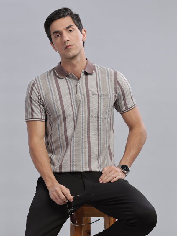WEXFORD Trendy Brown Striped Printed Cotton Blend Regular Fit Half Sleeve Polo Tshirt For Men.