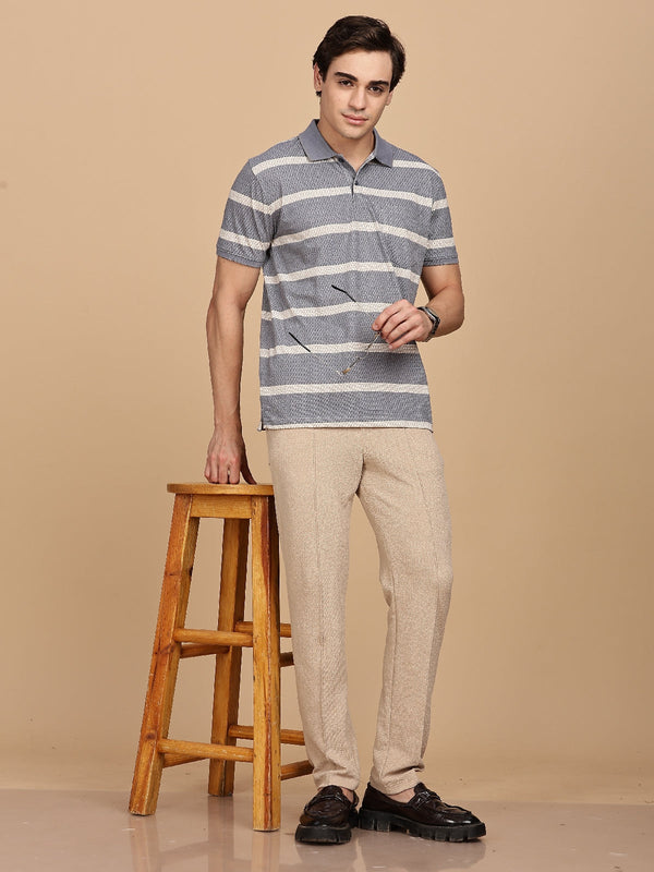 Grey Striped Regular Fit Polo Tees