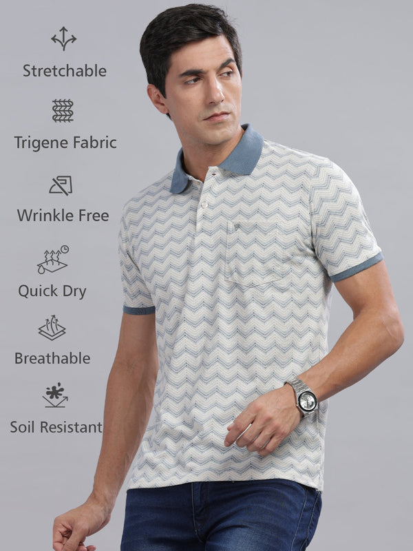 WEXFORD Trendy Blue Geometric Printed Cotton Blend Regular Fit Half Sleeve Polo Tshirt For Men.