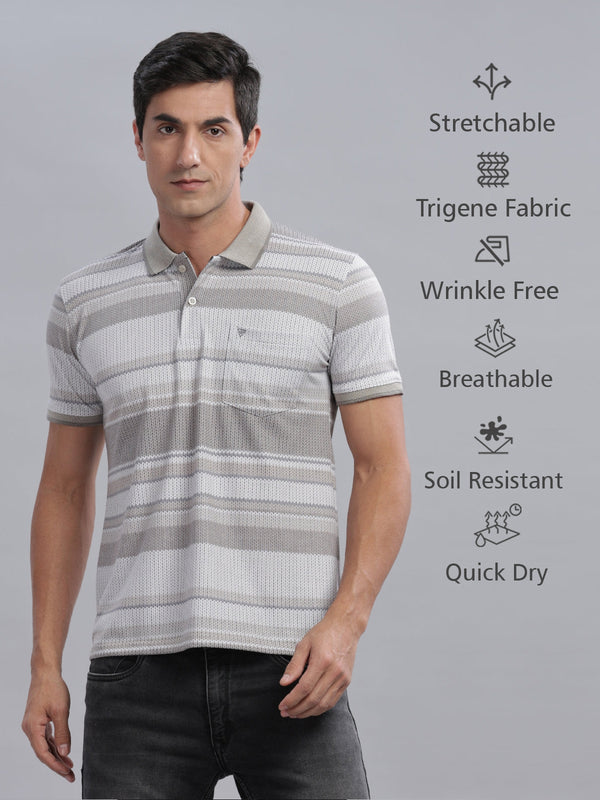 Grey Striped Printed Regular Fit Polo Tees