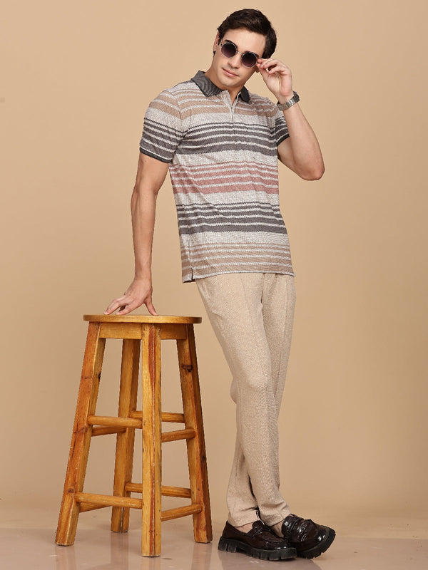 Beige Striped Regular Fit Polo Tees