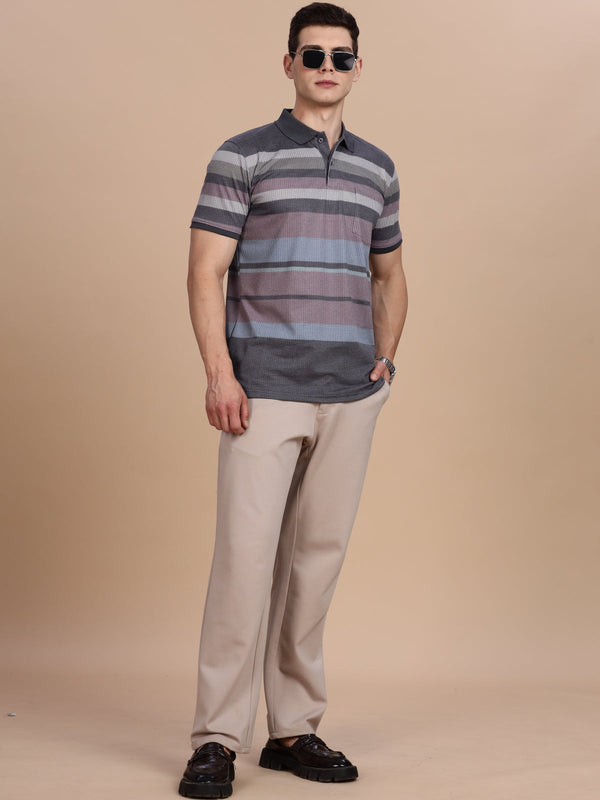 Lavender Striped Regular Fit Polo Tees