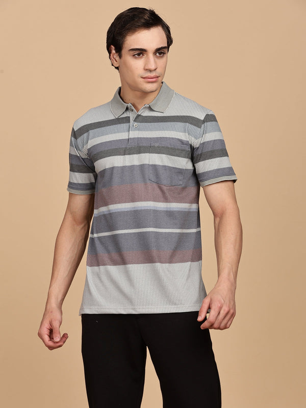 Grey Striped Regular Fit Polo Tees