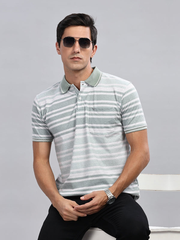 Light Green Striped Printed Regular Fit Polo Tees