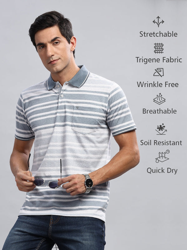 WEXFORD Trendy Grey Striped Printed Cotton Blend Regular Fit Half Sleeve Polo Tshirt For Men.