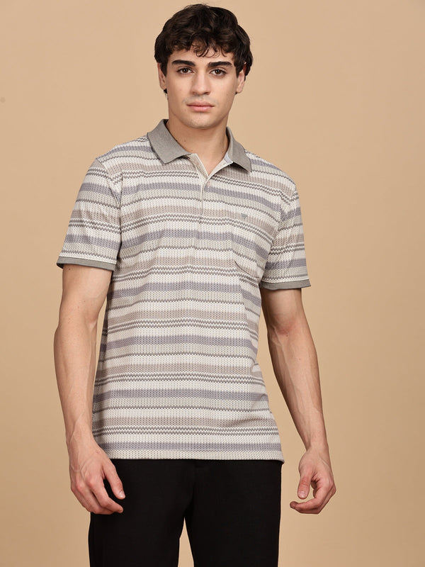 Grey Printed Regular Fit Polo Tees