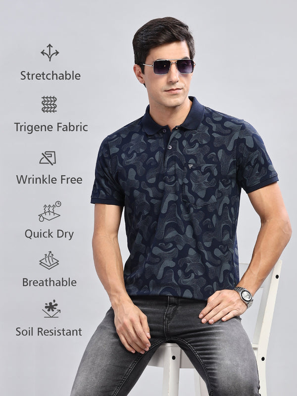WEXFORD Trendy Navy Blue All Over Printed Cotton Blend Regular Fit Half Sleeve Polo Tshirt For Men.