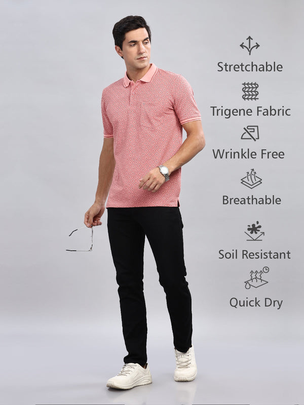 Peach Geometric Printed Regular Fit Polo Tees