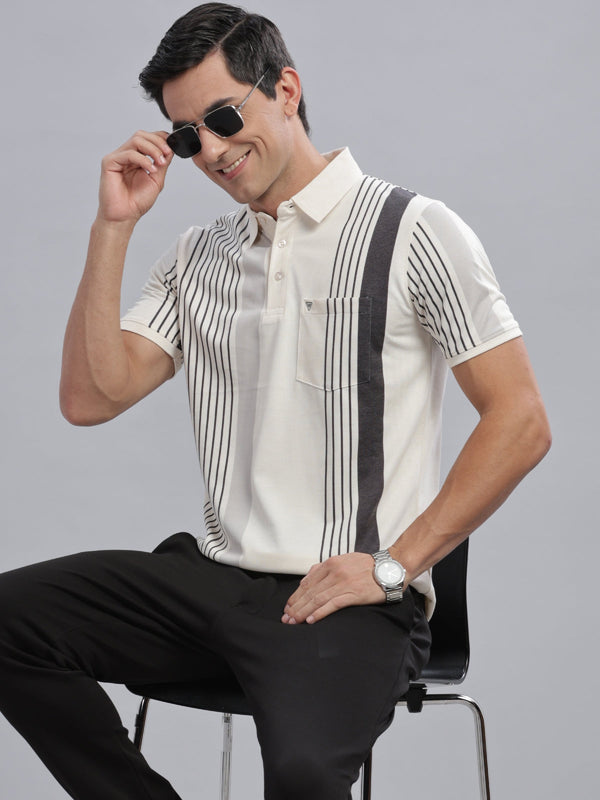 Cream Striped Regular Fit Polo Tees