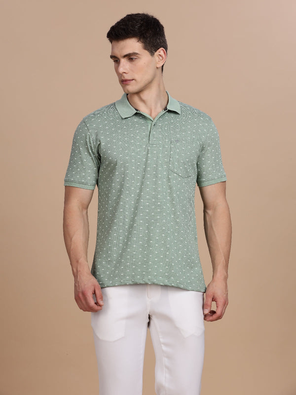 Green Printed Regular Fit Polo Tshirt
