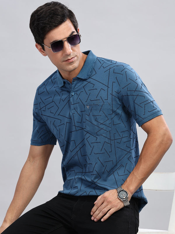 Blue Geometric Printed Regular Fit Polo Tees