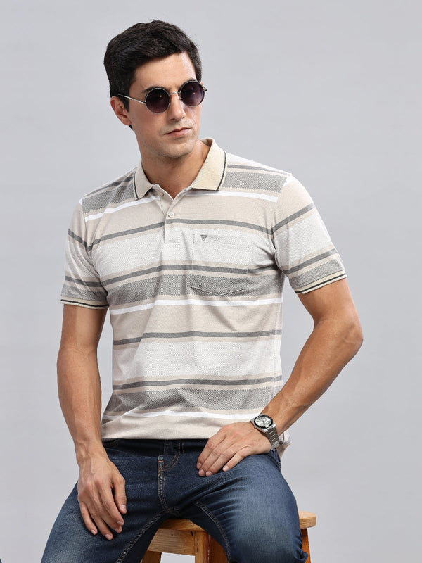 Beige Striped Regular Fit Polo Tees