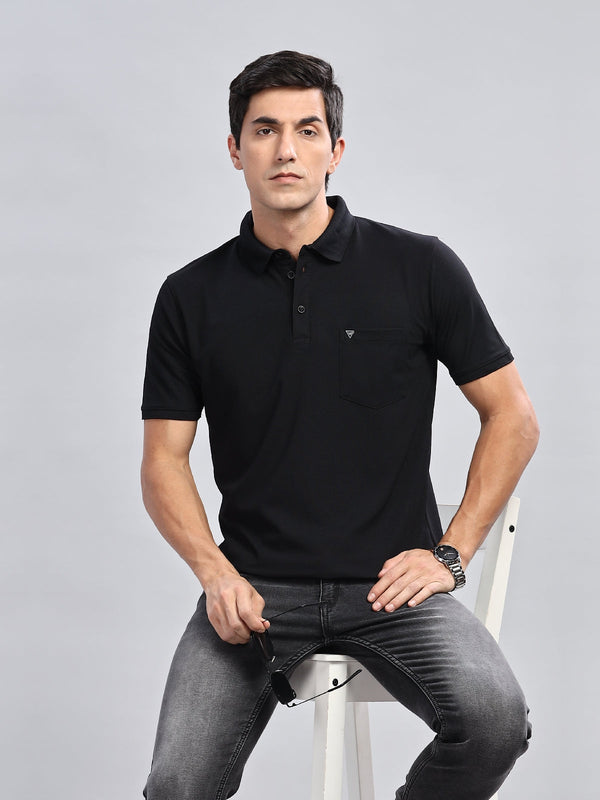 WEXFORD Trendy Black Solid Cotton Blend Regular Fit Half Sleeve Polo Tshirt For Men.