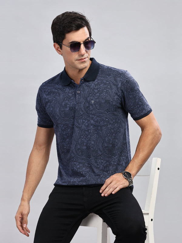 Navy Blue Printed Regular Fit Polo Tees