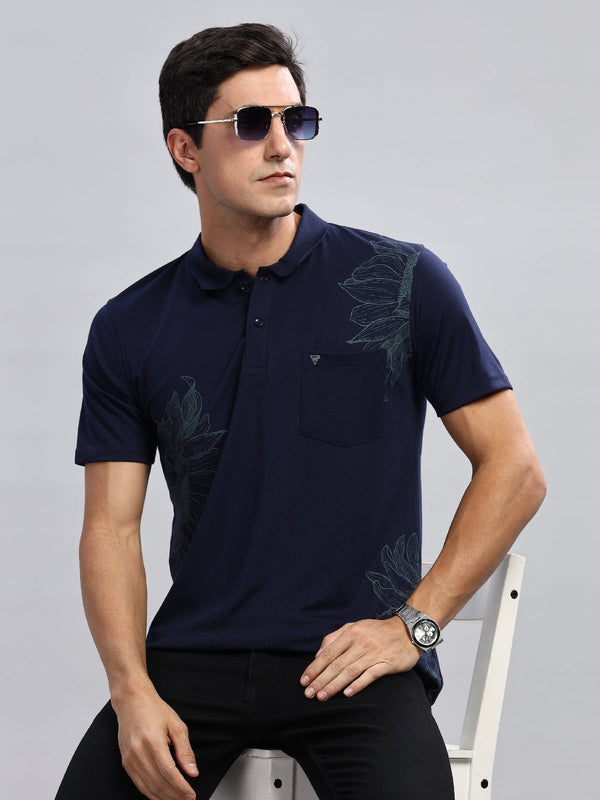 Navy Blue Printed Regular Fit Polo Tees