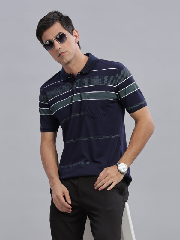 Navy Blue Striped Regular Fit Polo Tees