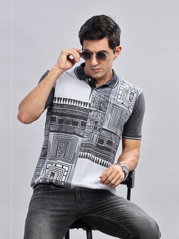Black Printed Regular Fit Polo Tees