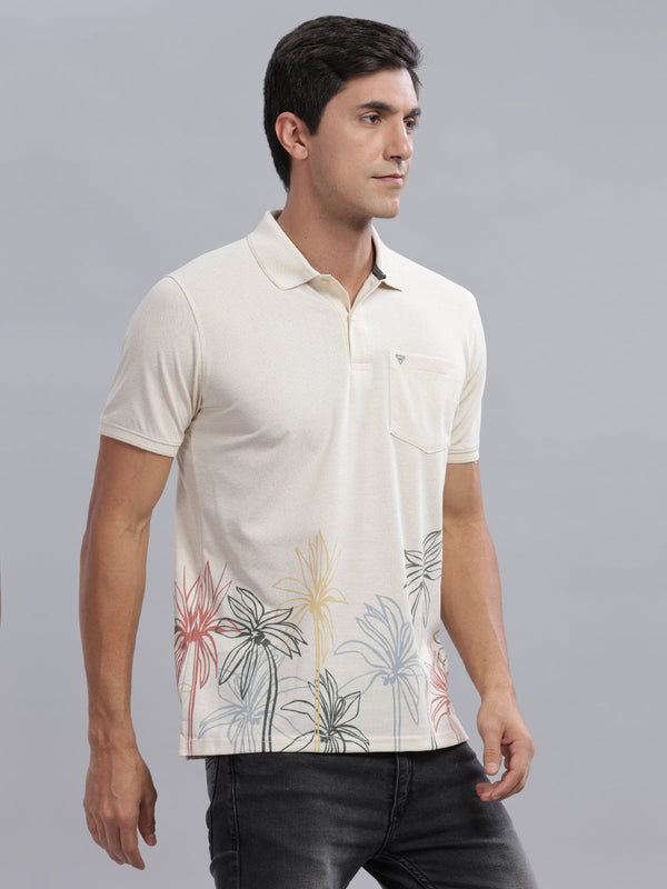 Beige Printed Regular Fit Polo Tees